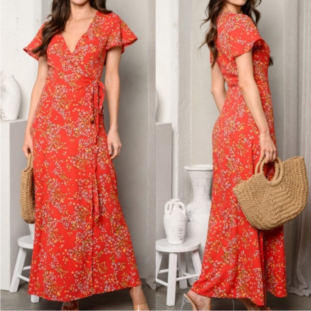 1079. Floral Red Wrap Dress
